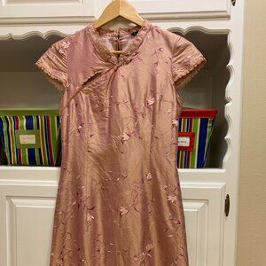 Vintage-Inspired Pink Floral Embroidered Silk Dress